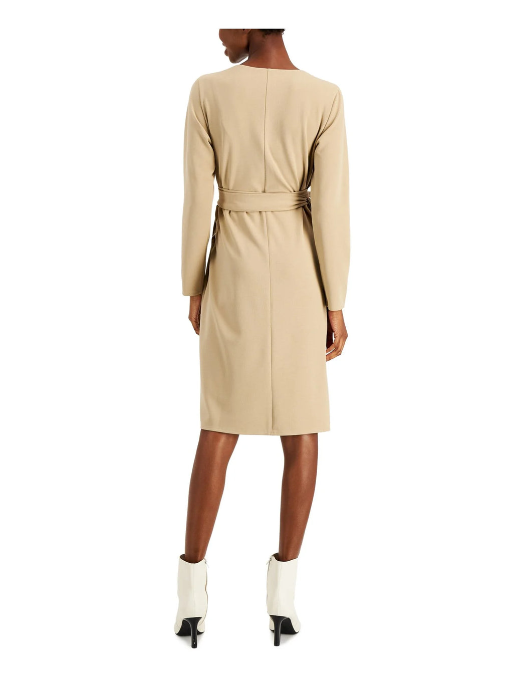 Brown Belted Long Sleeve Surplice Neckline Wrap Dress Petites V4186