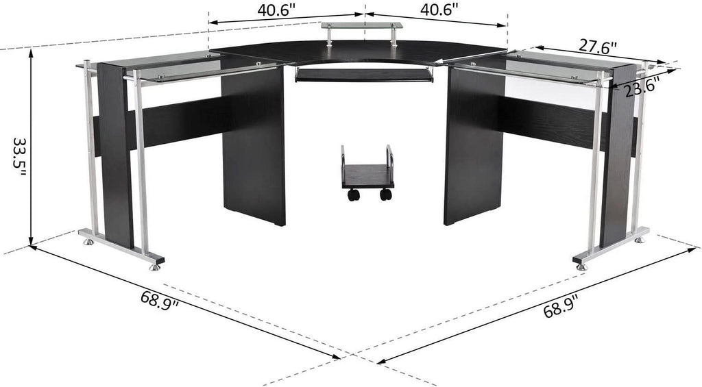 69" L-Shaped Tempered Glass Office Computer Desk with Steel Frame Black I746