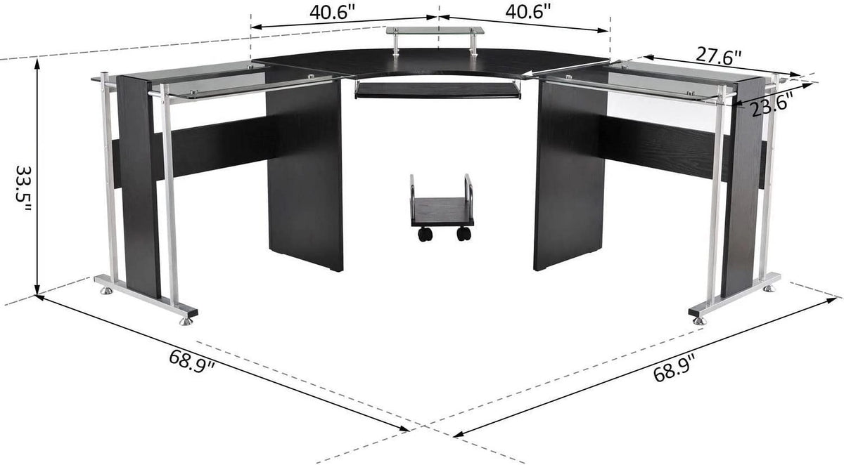 69" L-Shaped Tempered Glass Office Computer Desk with Steel Frame Black I746
