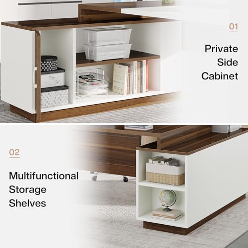 L-Shaped Executive Office Desk with Storage Cabinet and Shelves J7693