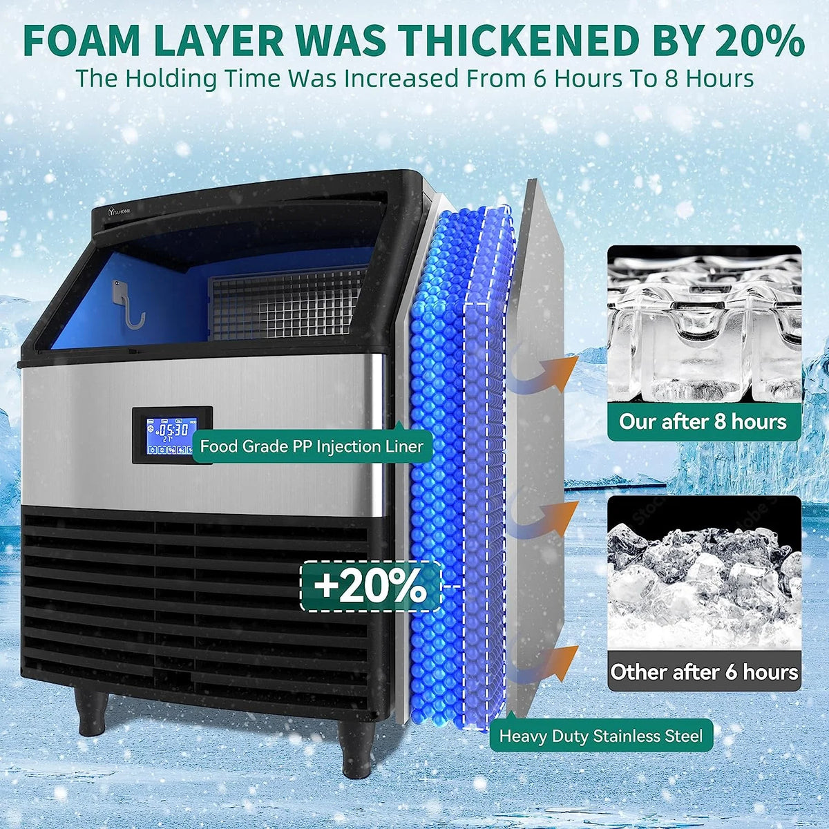 Commercial Ice Maker Machine 320lbs/24h with 100lbs Storage Bin, Stainless Steel Ice Scoop, Blue Light H17404
