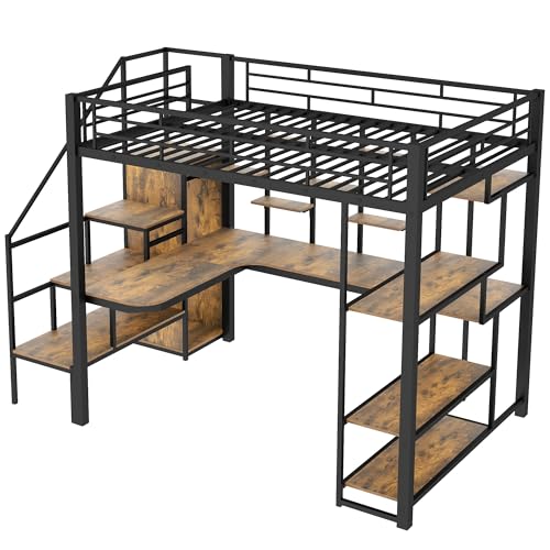 White Full Size Metal Loft Bed with Storage Staircase and Wardrobe L595393