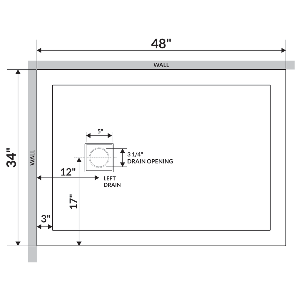 48x22x34x22 Shower Base Pan Left Double Threshold Right Drain D40978