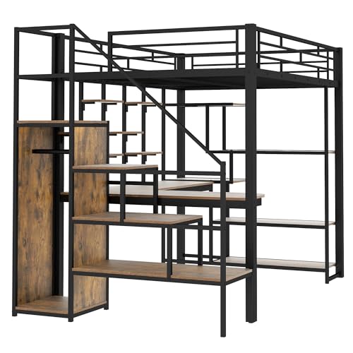 White Full Size Metal Loft Bed with Storage Staircase and Wardrobe L595393