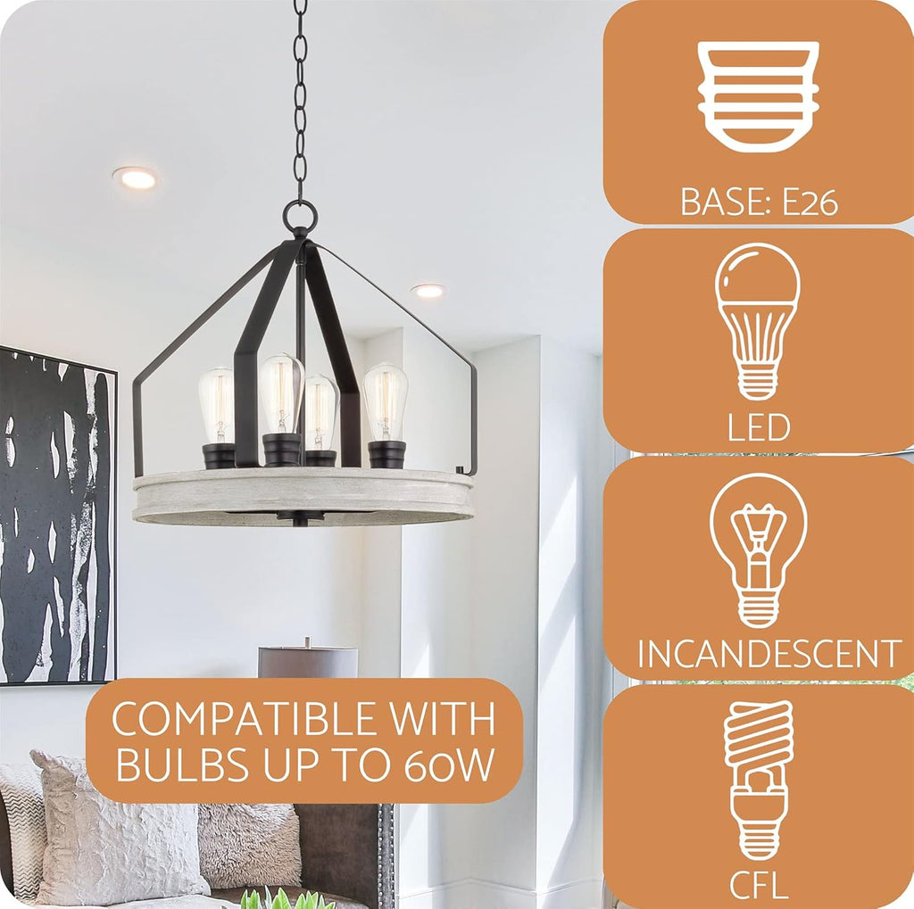 White Birch Wood Style Black Finish 4-Light Farmhouse Pendant Light U32412