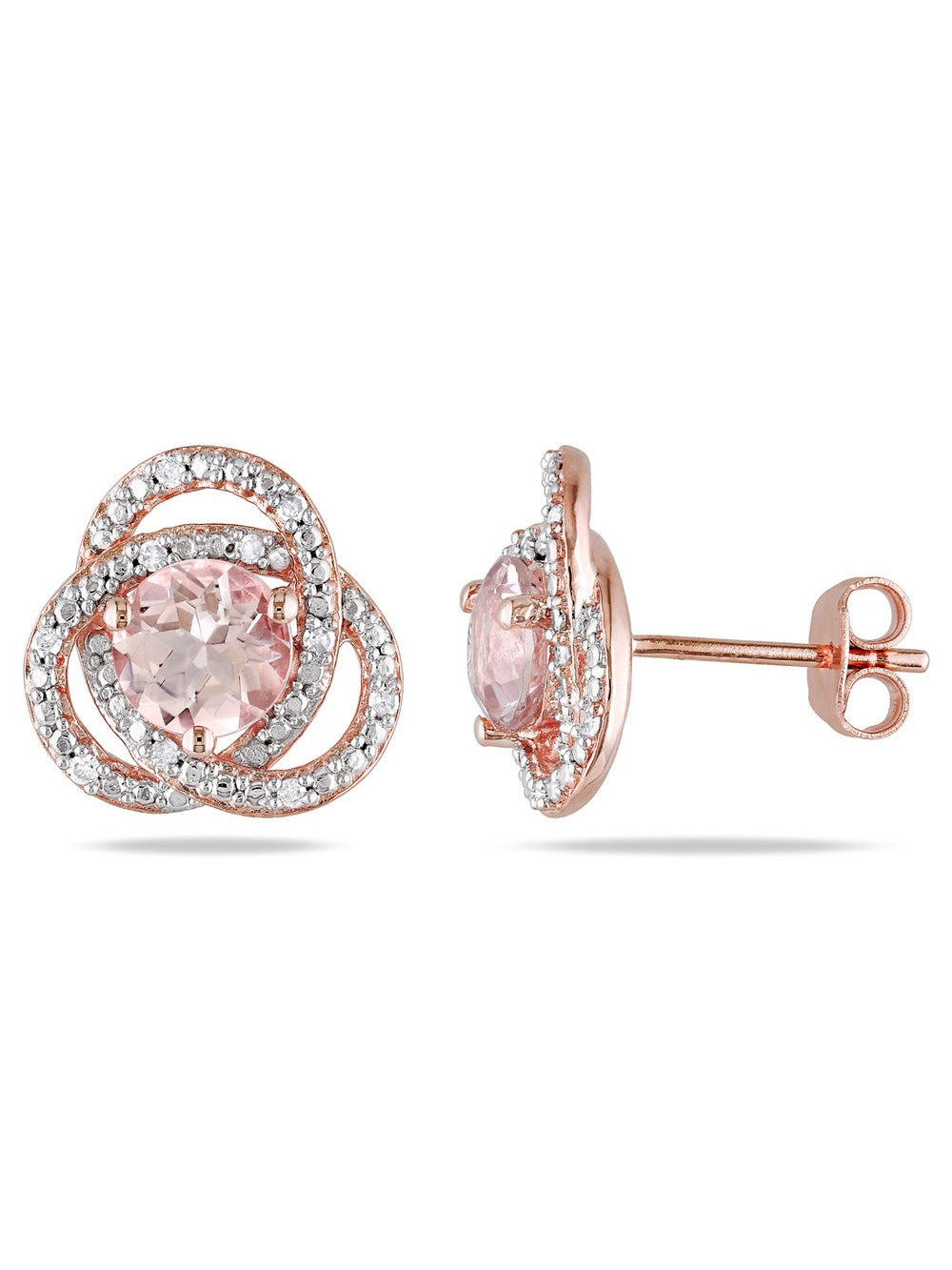 Morganite Stud Earrings with Diamonds in Rose Sterling Silver D7281