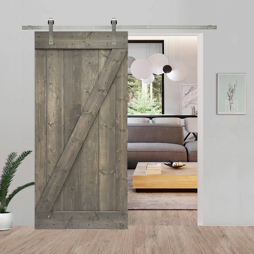 24 in. x 84 in. Weather Gray Stained Solid Knotty Pine Wood Interior Sliding Barn Door with Sliding Hardware Kit M531782
