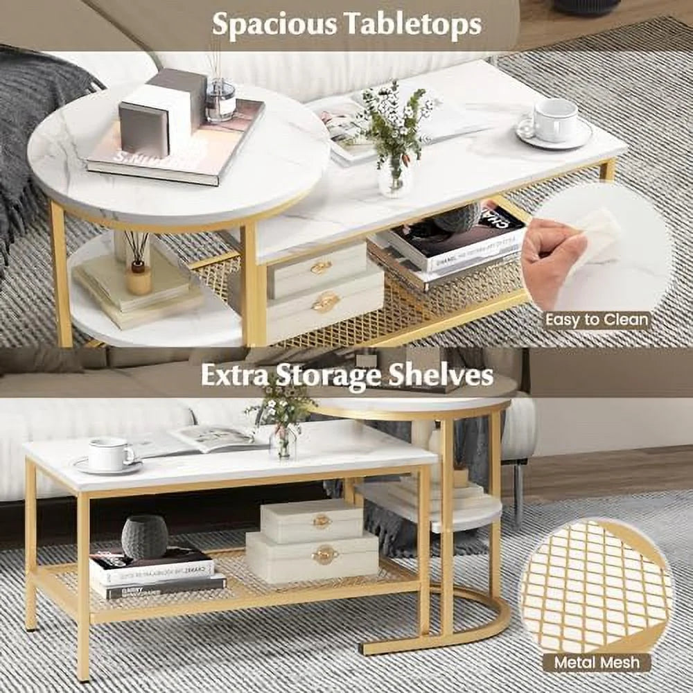 2 PCS Faux Marble Top Coffee Table Set G9003