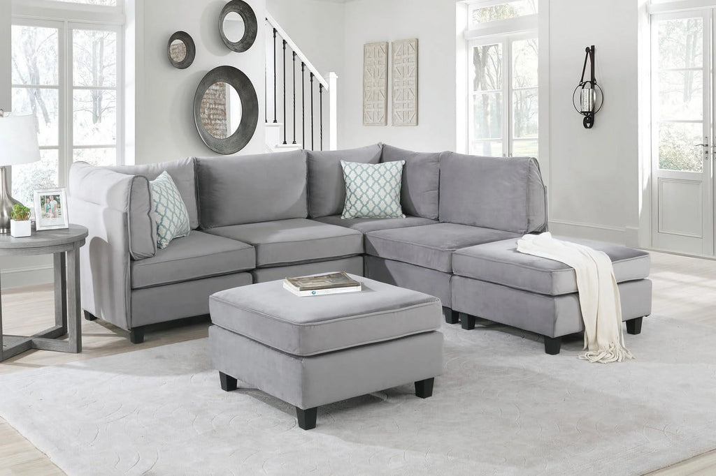 Gray Velvet 6Pc Modular Sectional Sofa C3180