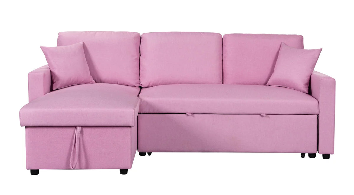 Pink Linen Fabric Reversible Sleeper Sectional Sofa with Storage Chaise E586394