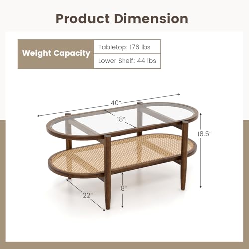 40”L Oval Acacia Wood Rattan Coffee Table with Tempered Glass Tabletop X7056
