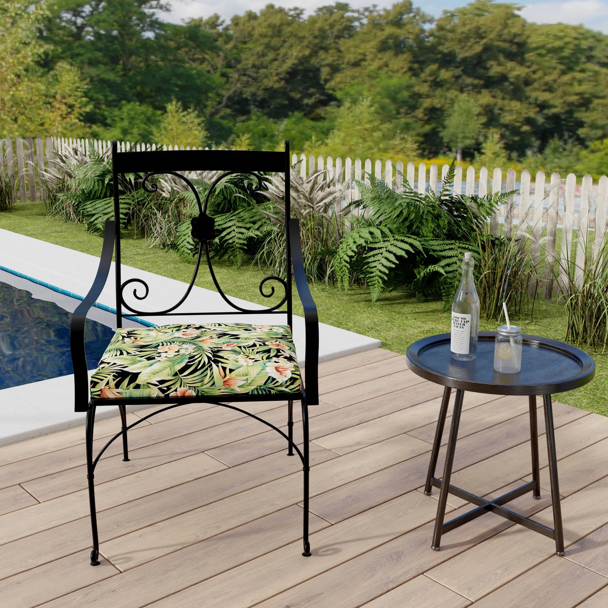 Black Leaves Rectangular Outdoor Chair Pad Seat Cushion with Ties, 2 Pack C507