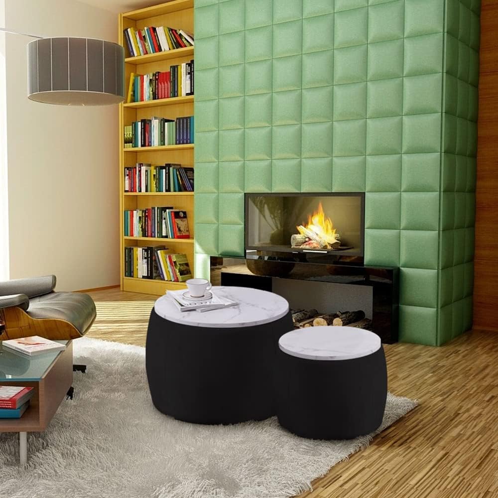 Black Round Coffee Table Set of 2 Nesting Storage Ottoman Velvet Fabric Z641855