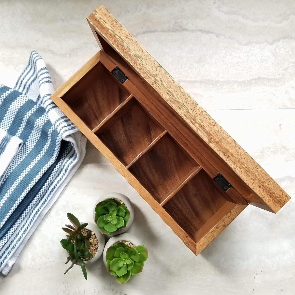 Acacia Wood Tea Box with 4 Sections I17797