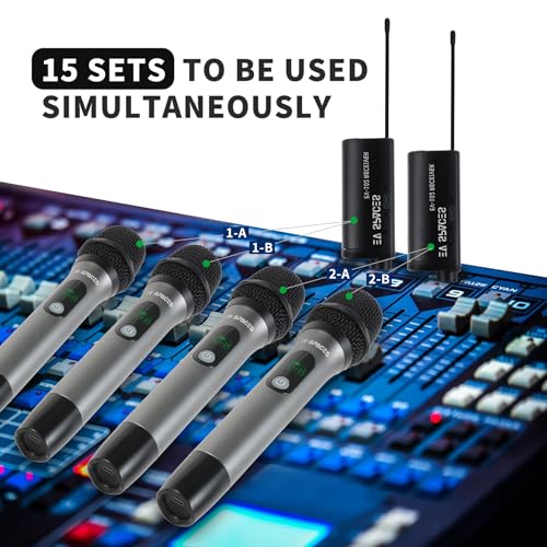 Rechargeable Wireless Microphone PA System - Dual UHF Metal Handheld Mics, Long Range 200ft Cordless Dynamic Mic Kit U77483