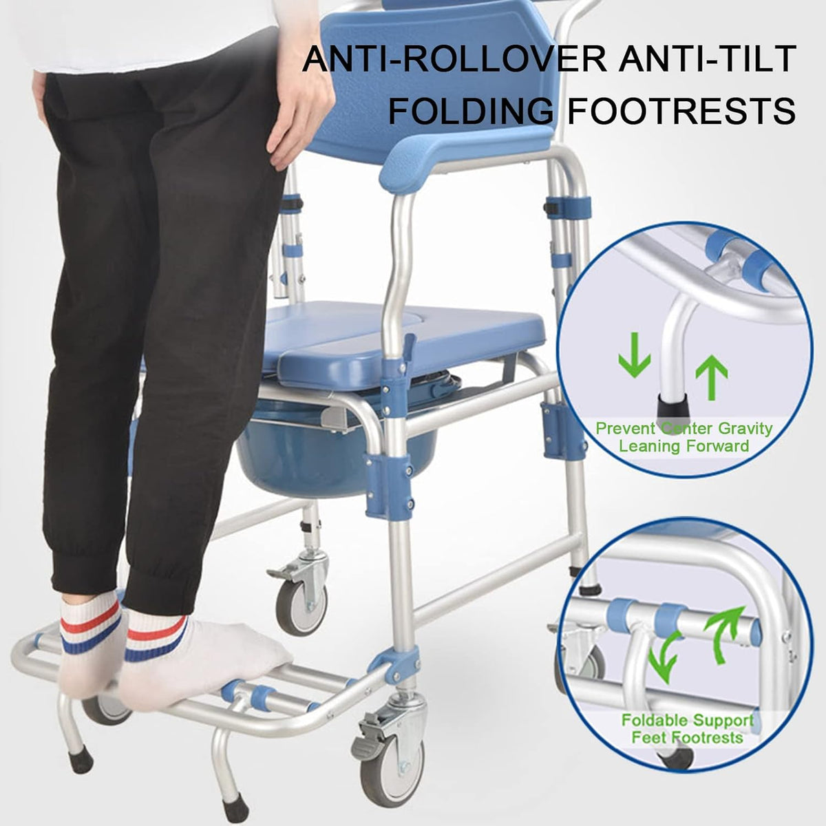 Rolling Showerchair with Built-in Toilet, 4 Wheel Brakes S583