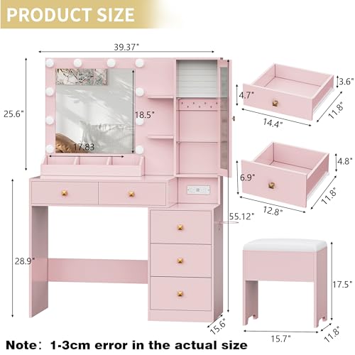 White Vanity Desk with Mirror and Lights, 5 Storage Drawers and Chair H9337