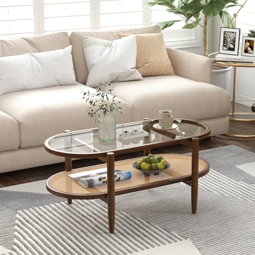 40”L Oval Acacia Wood Rattan Coffee Table with Tempered Glass Tabletop X7056