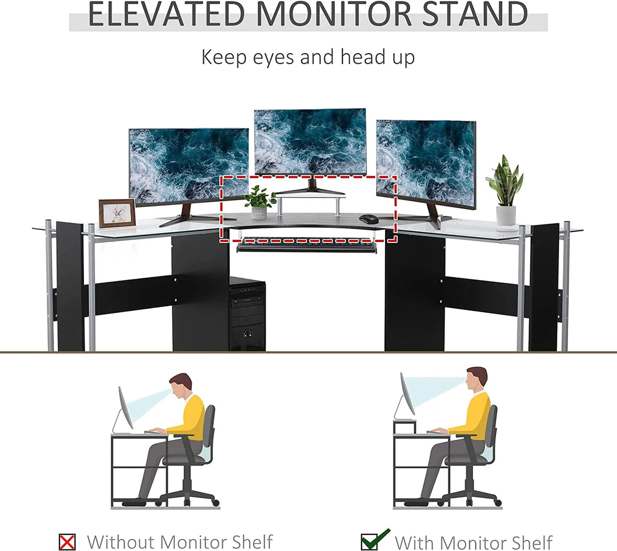 69" L-Shaped Tempered Glass Office Computer Desk with Steel Frame Black I746