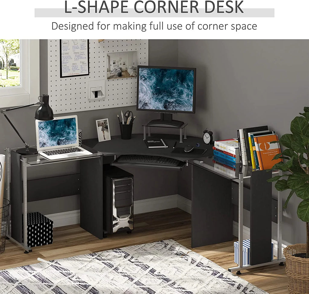 69" L-Shaped Tempered Glass Office Computer Desk with Steel Frame Black I746
