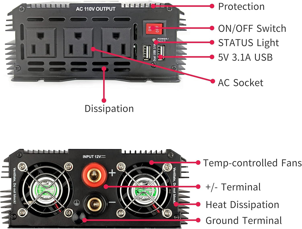 1500W Power Inverter 12v to 110v Modified Sine Wave F7737