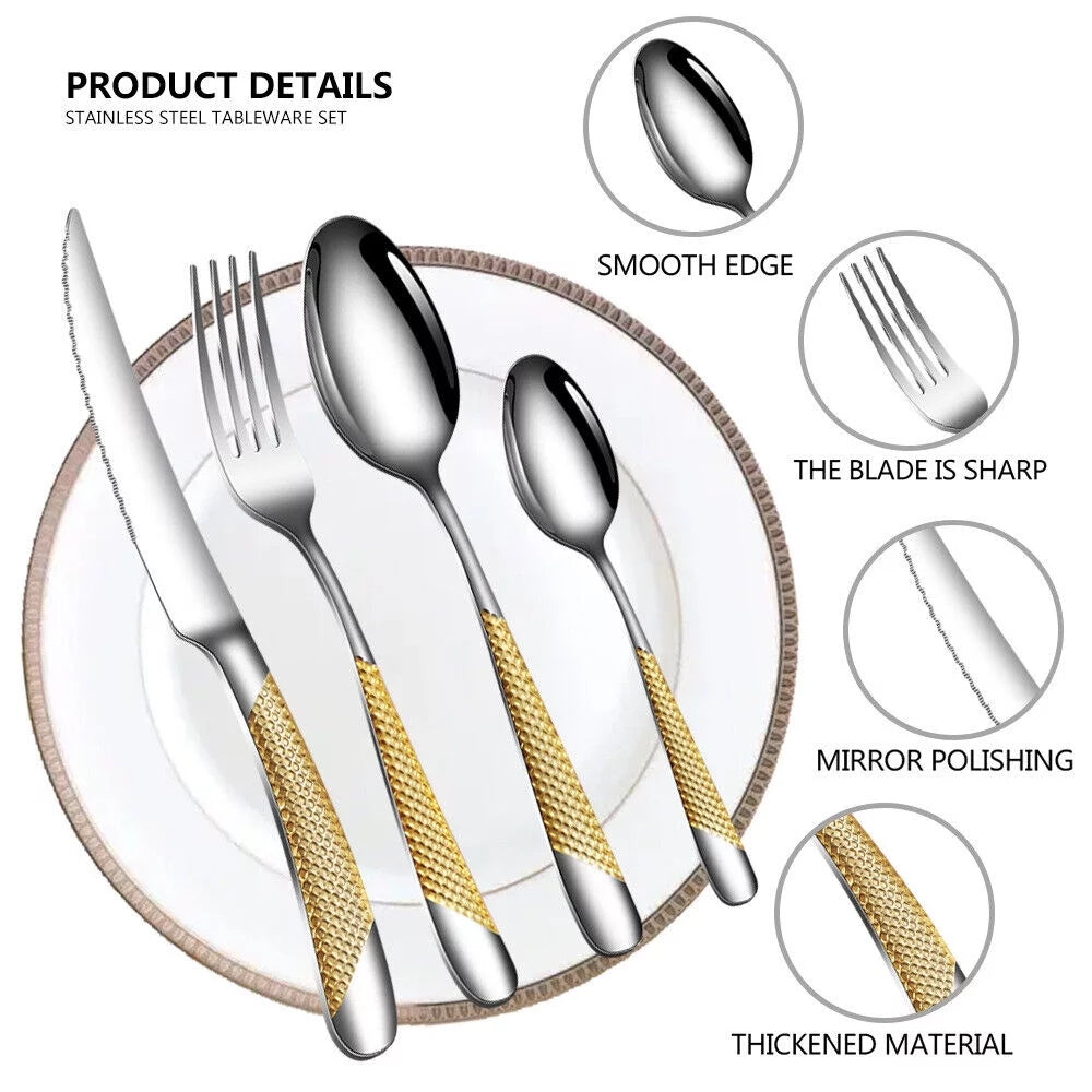 16 Piece Hammered Gold Plated Stainless Steel Flatware Set P605429
