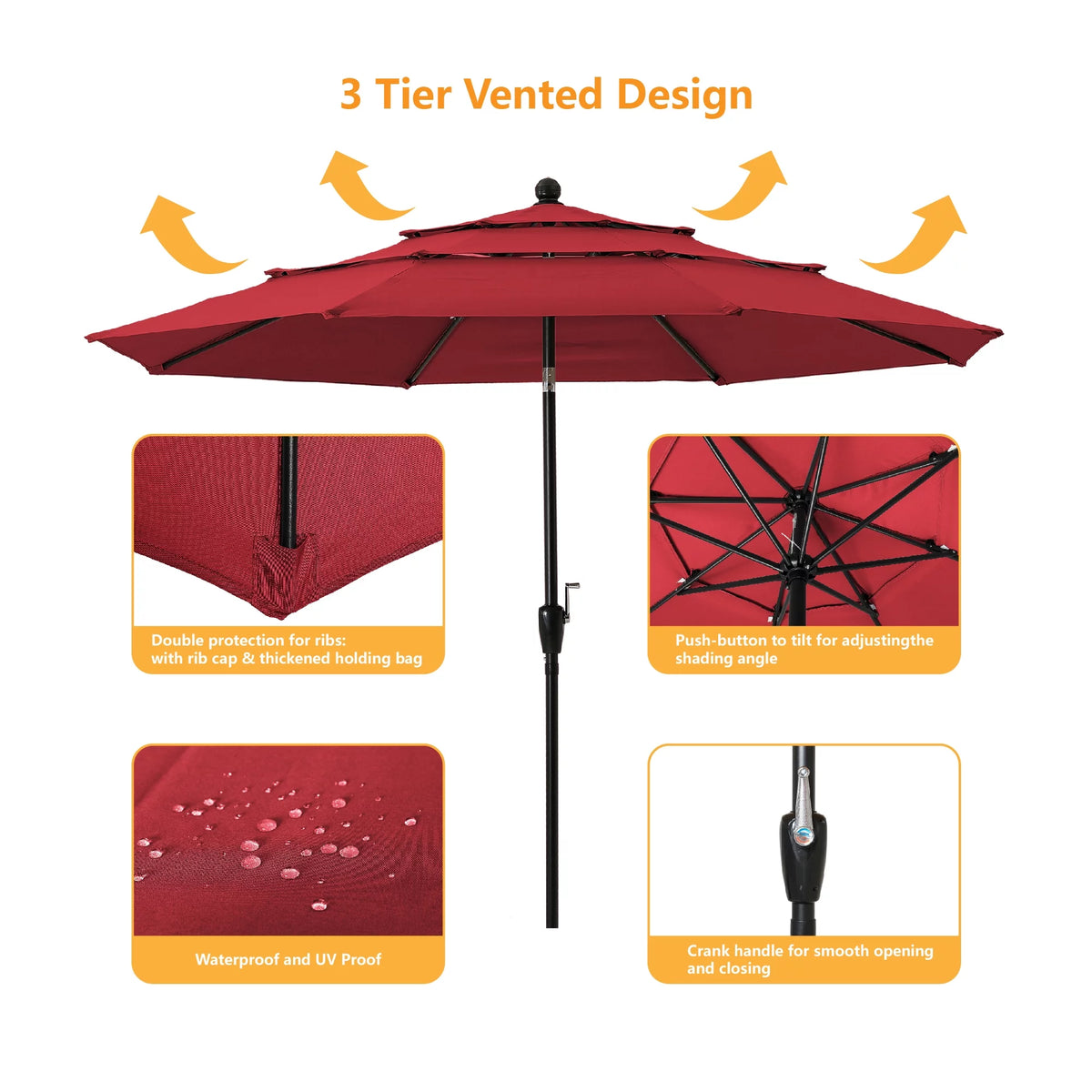 10 Ft 3 Tier Double Vented Patio Umbrella with Crank S2284