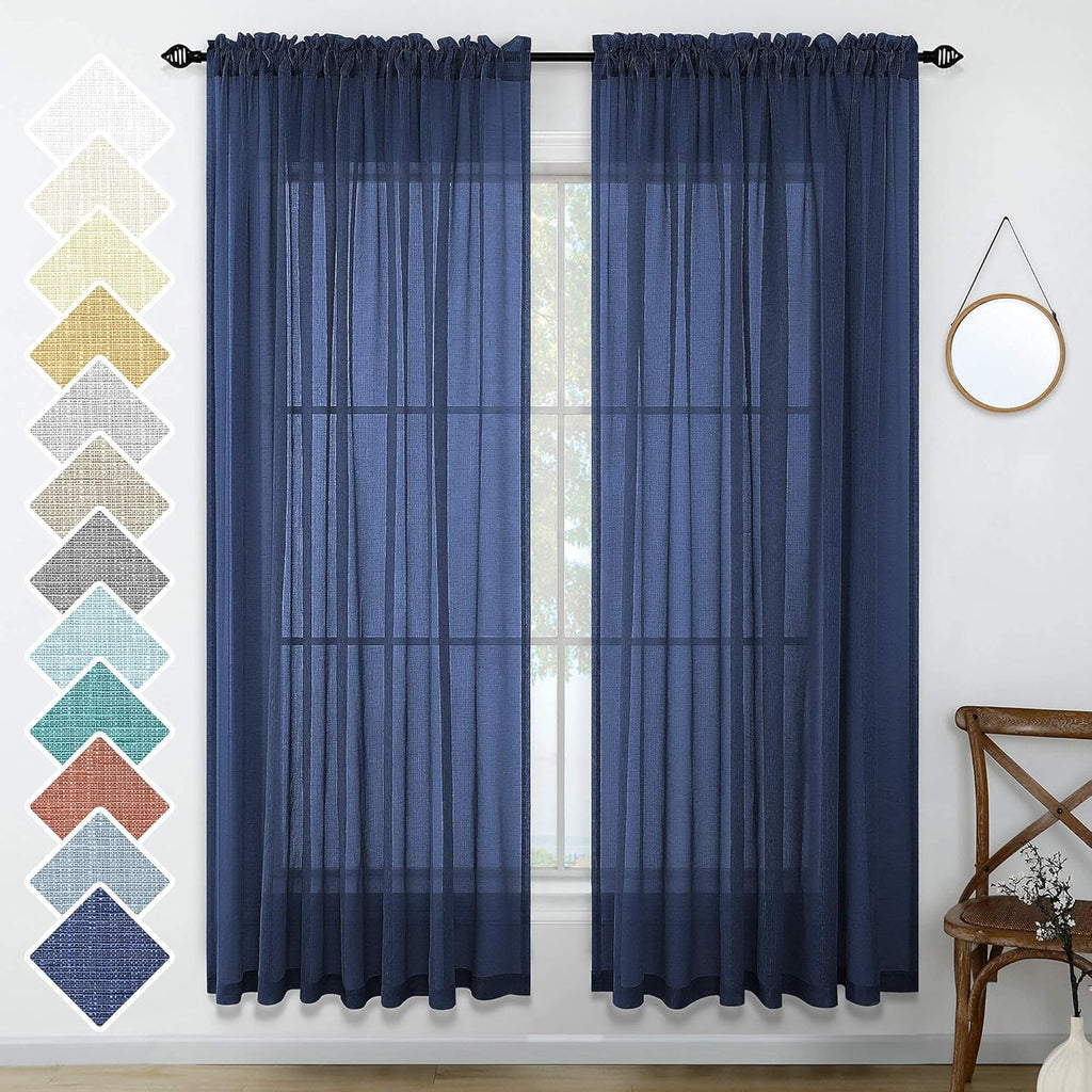 Navy Blue Semi Sheer Faux Linen Rod Pocket Curtains 84 Inch Set of 2 Panels U5073