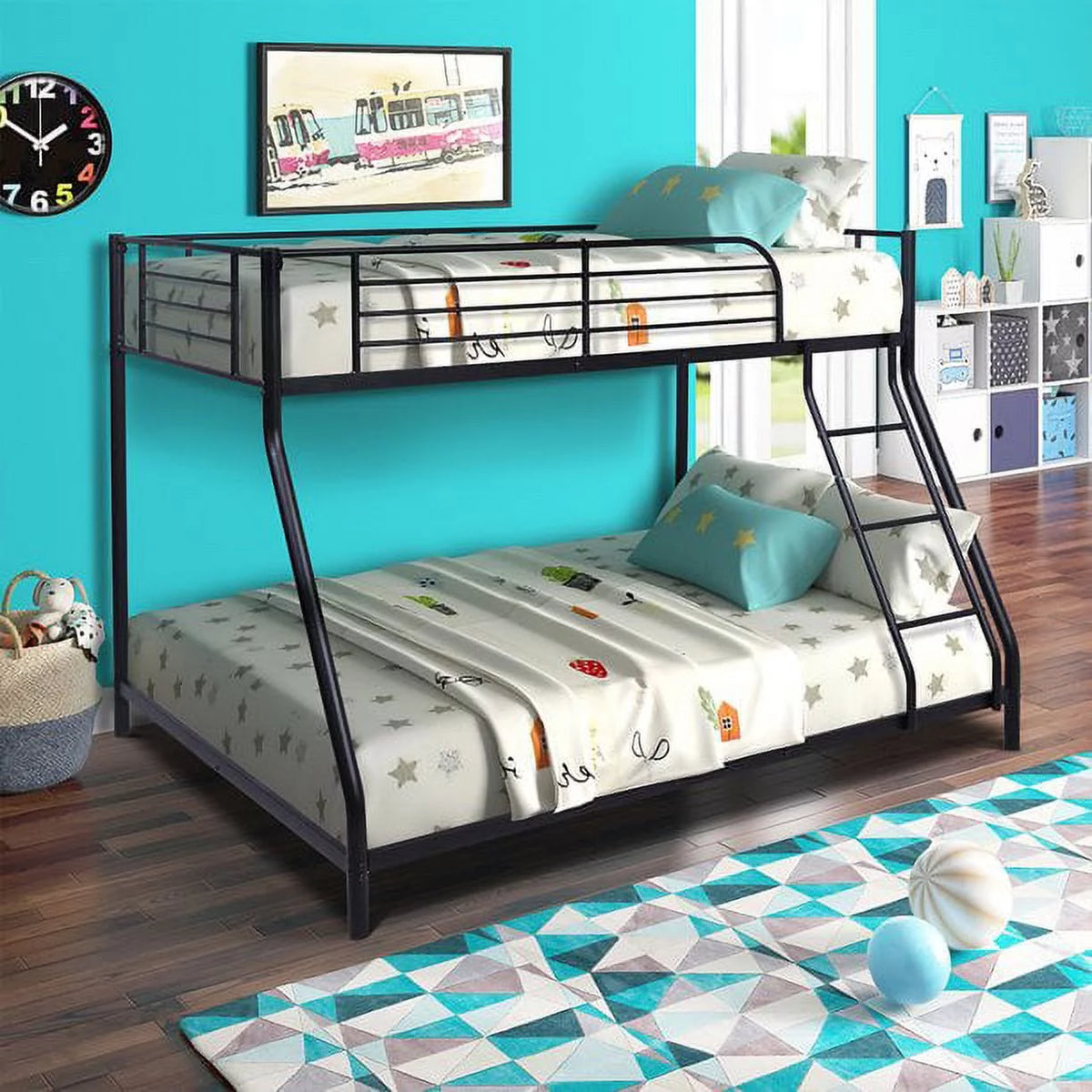 Black Twin Over Full Metal Bunk Bed with Ladder and Guardrail R434207
