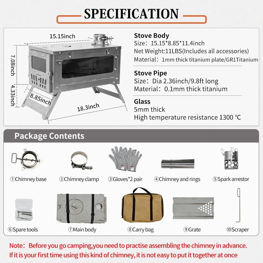 15inch Wood Burning Stove Folding Portable with 9.84ft Pipes A462