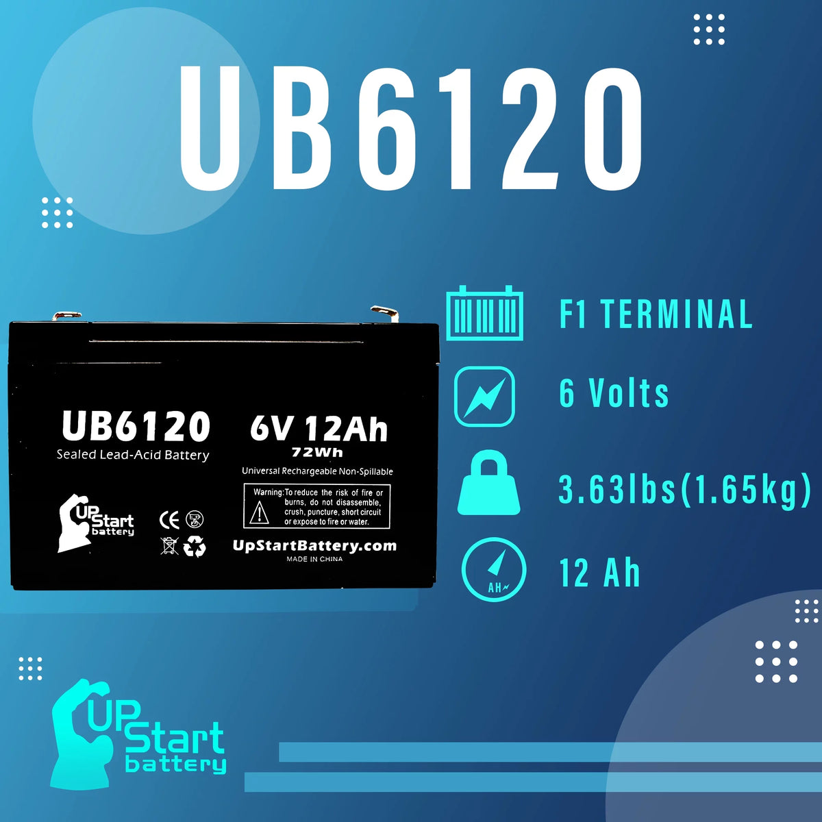 6V 12Ah Sealed Lead Acid Battery with F1 to F2 Terminal Adapters I499626