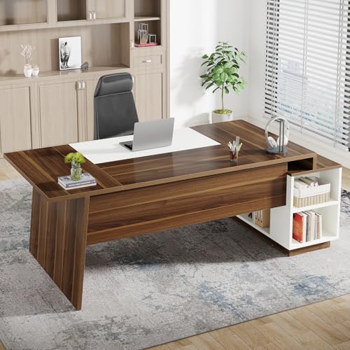 L-Shaped Executive Office Desk with Storage Cabinet and Shelves J7693