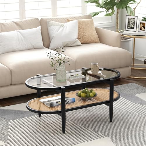 40”L Oval Acacia Wood Rattan Coffee Table with Tempered Glass Tabletop X7056