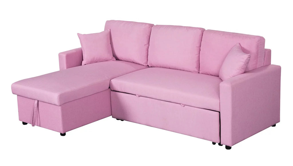Pink Linen Fabric Reversible Sleeper Sectional Sofa with Storage Chaise E586394