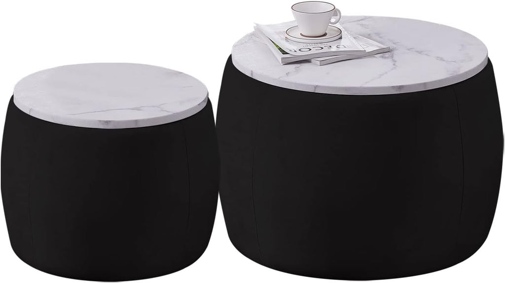 Black Round Coffee Table Set of 2 Nesting Storage Ottoman Velvet Fabric Z641855