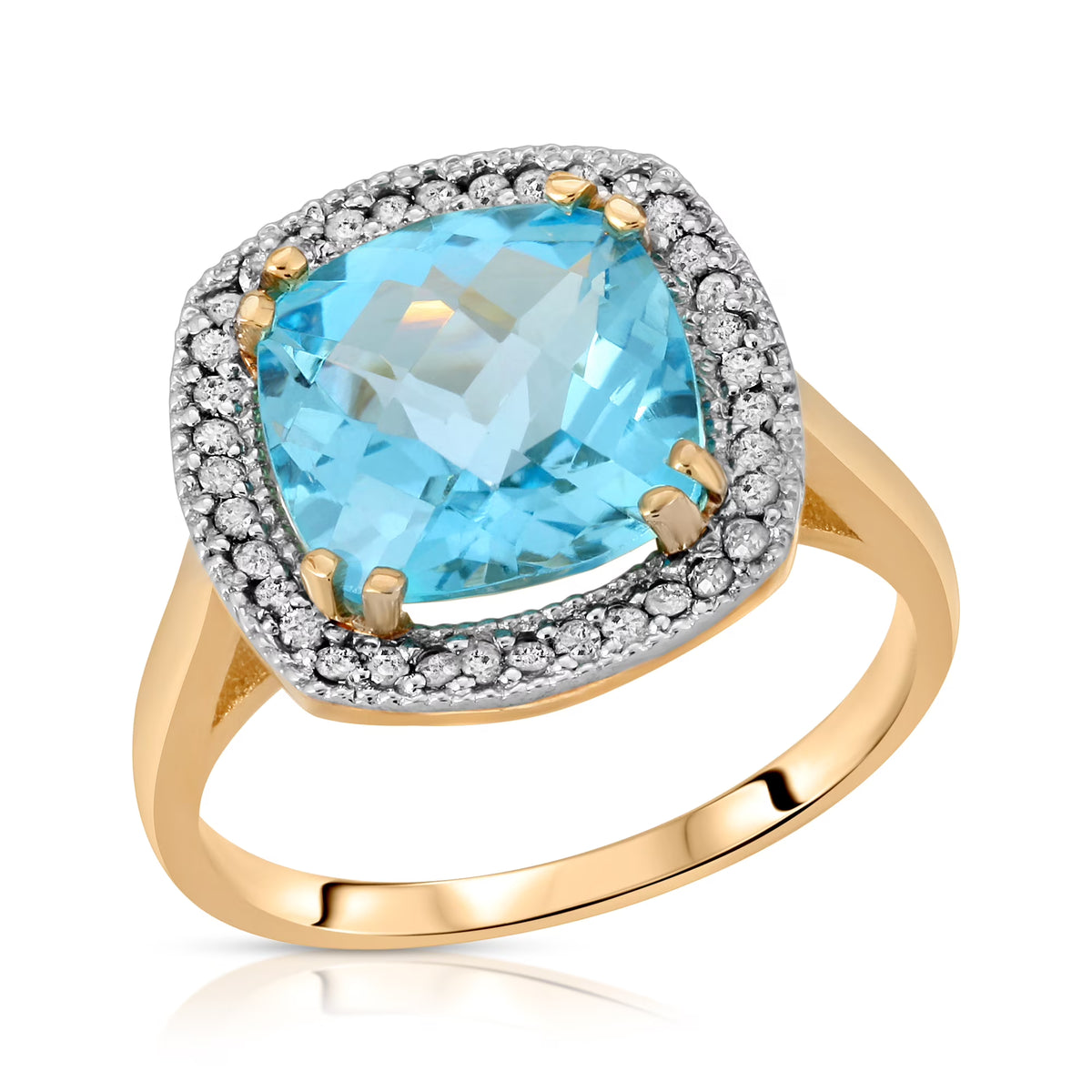 14K Solid Yellow Gold Cushion Cut 5.2 CTW Ring with Natural Diamonds and Blue Topaz X11450