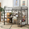 White Full Size Metal Loft Bed with Storage Staircase and Wardrobe L595393