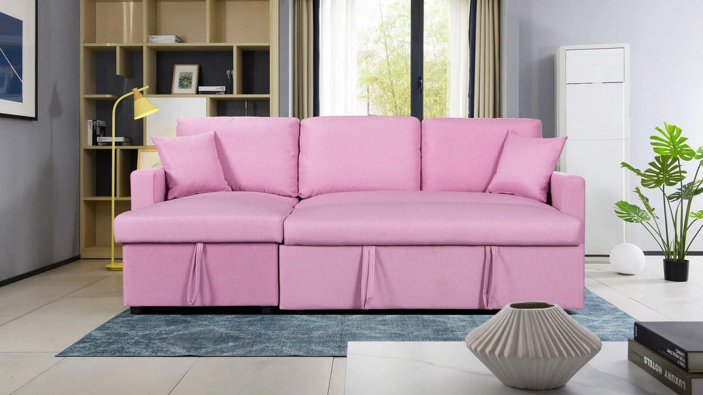 Pink Linen Fabric Reversible Sleeper Sectional Sofa with Storage Chaise E586394