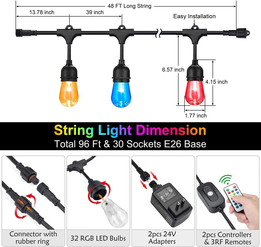 2-Pack 48FT Outdoor RGB String Lights with 30+5 E26 Shatterproof Edison Bulb Dimmable R30538
