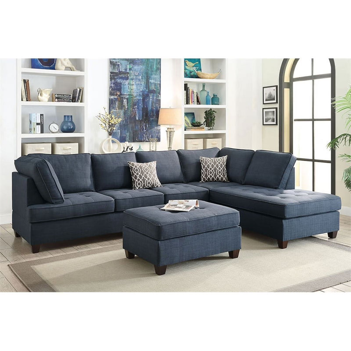 Dark Blue Sectional Sofa with Reversible Chaise and Ottoman X3043