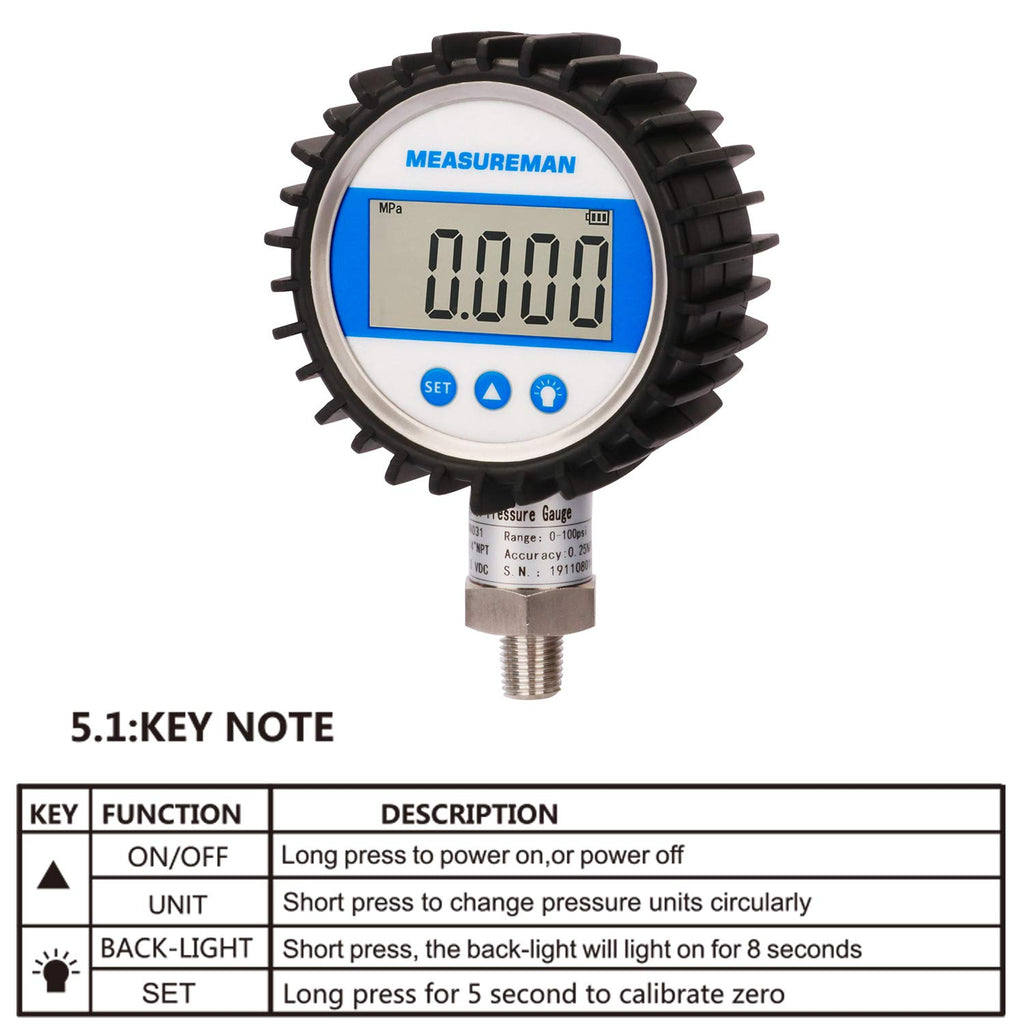 3-1/8" Dial Size Digital Pressure Gauge, 0-300psi/bar/Mpa/Kpa, 1/4"NPT Lower Mount, Pack of 2 D656931