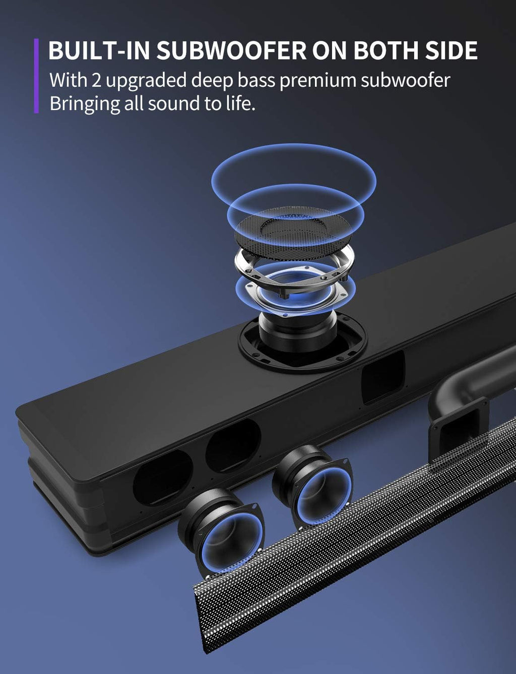 Sound Bar with Dual Built-in Subwoofer, 38 Inch 2.1, 90W, Bluetooth 5.0, Wall Mountable V458053