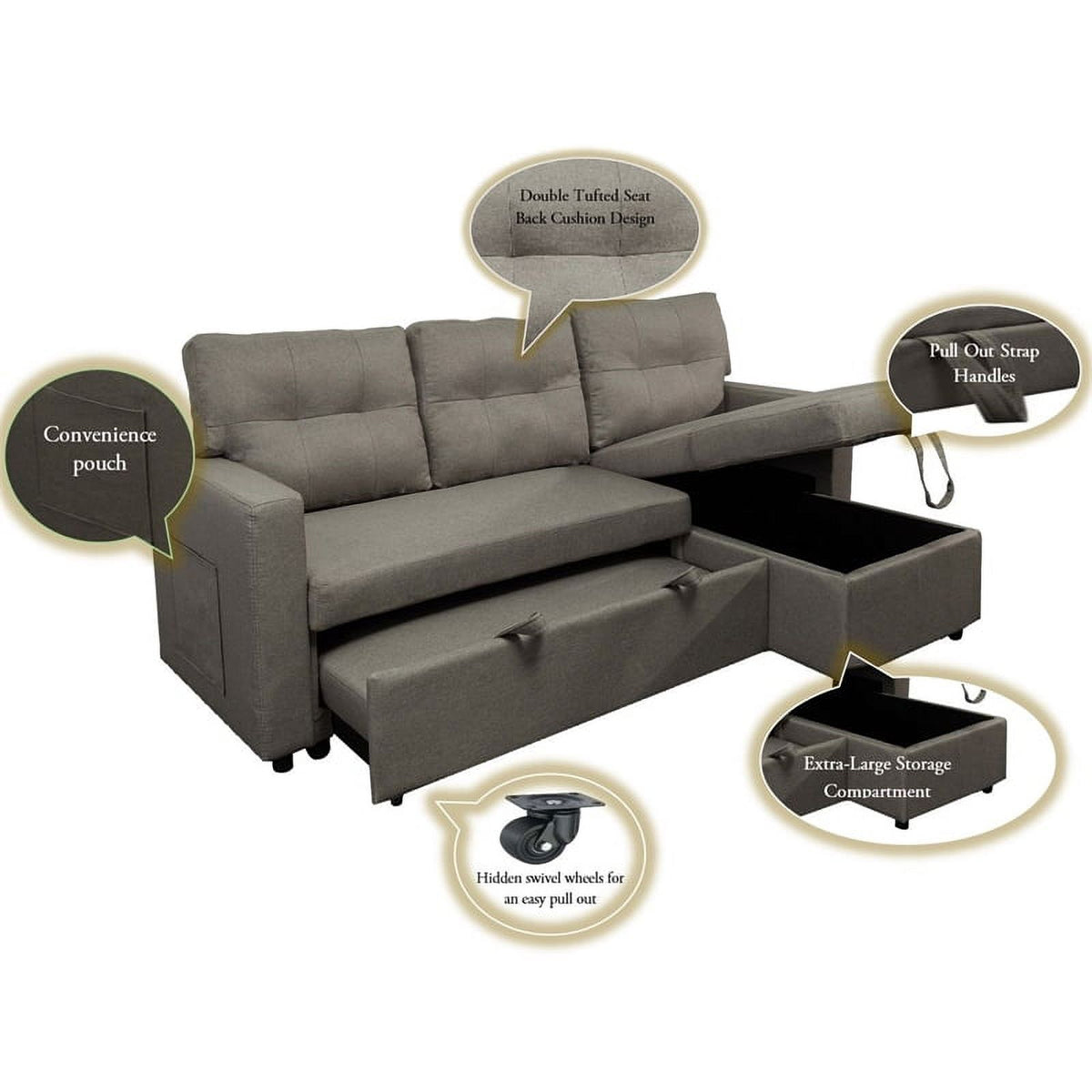 Beige Reversible Sectional Sleeper Sofa with Storage P539476