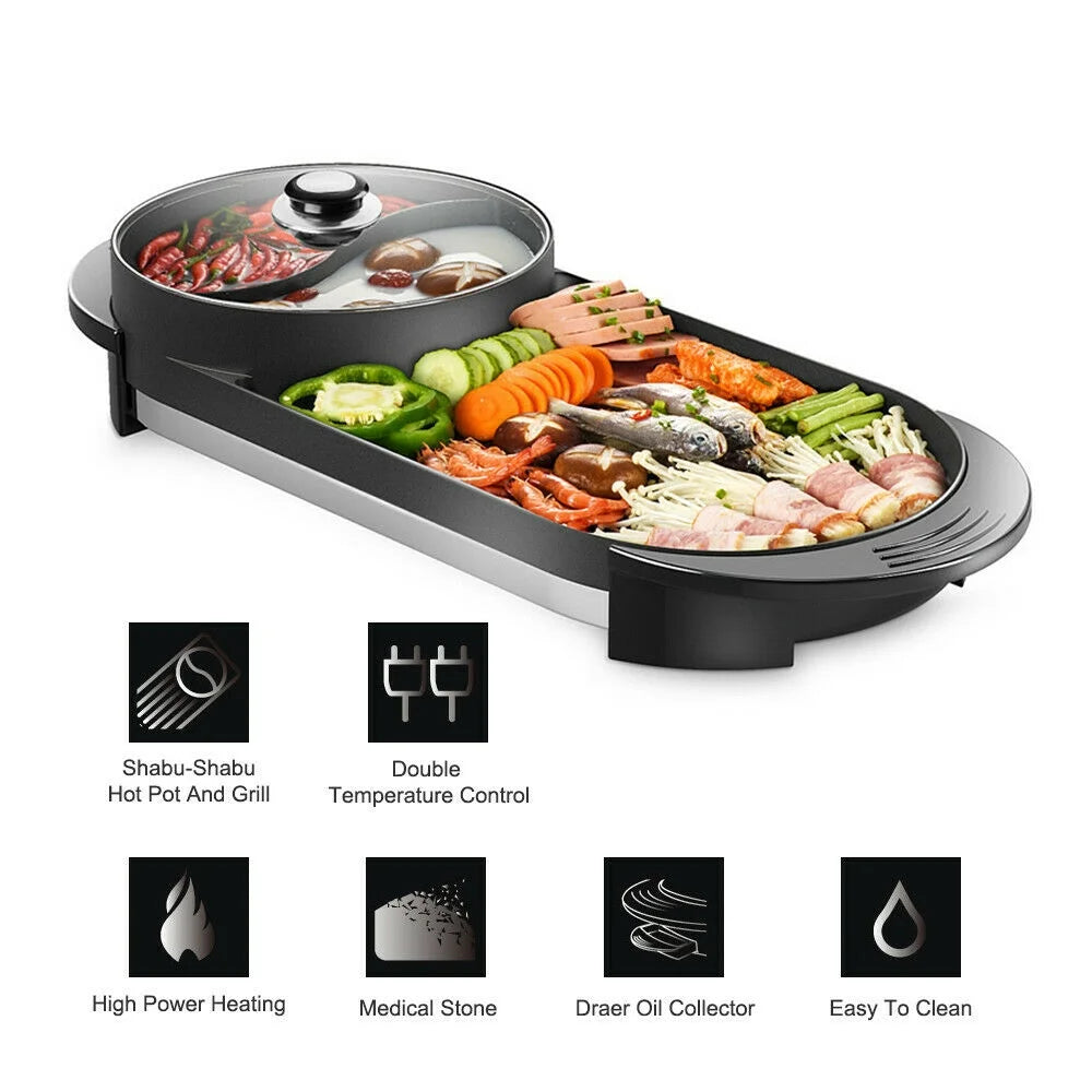 2 in 1 Portable Electric Hot Pot Barbecue Grill Non-Stick Pan R221349