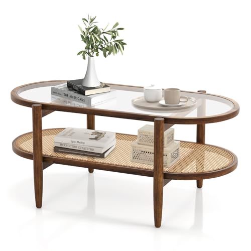40”L Oval Acacia Wood Rattan Coffee Table with Tempered Glass Tabletop X7056