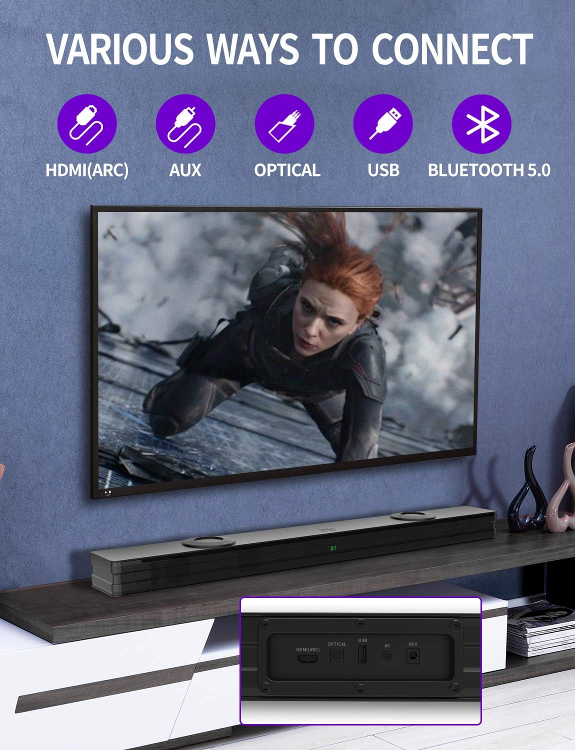 Sound Bar with Dual Built-in Subwoofer, 38 Inch 2.1, 90W, Bluetooth 5.0, Wall Mountable V458053