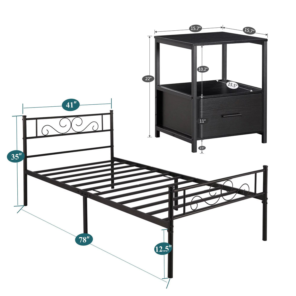 3-Piece Bedroom Set with Twin Bed Frame and 2 Black Nightstands S55713