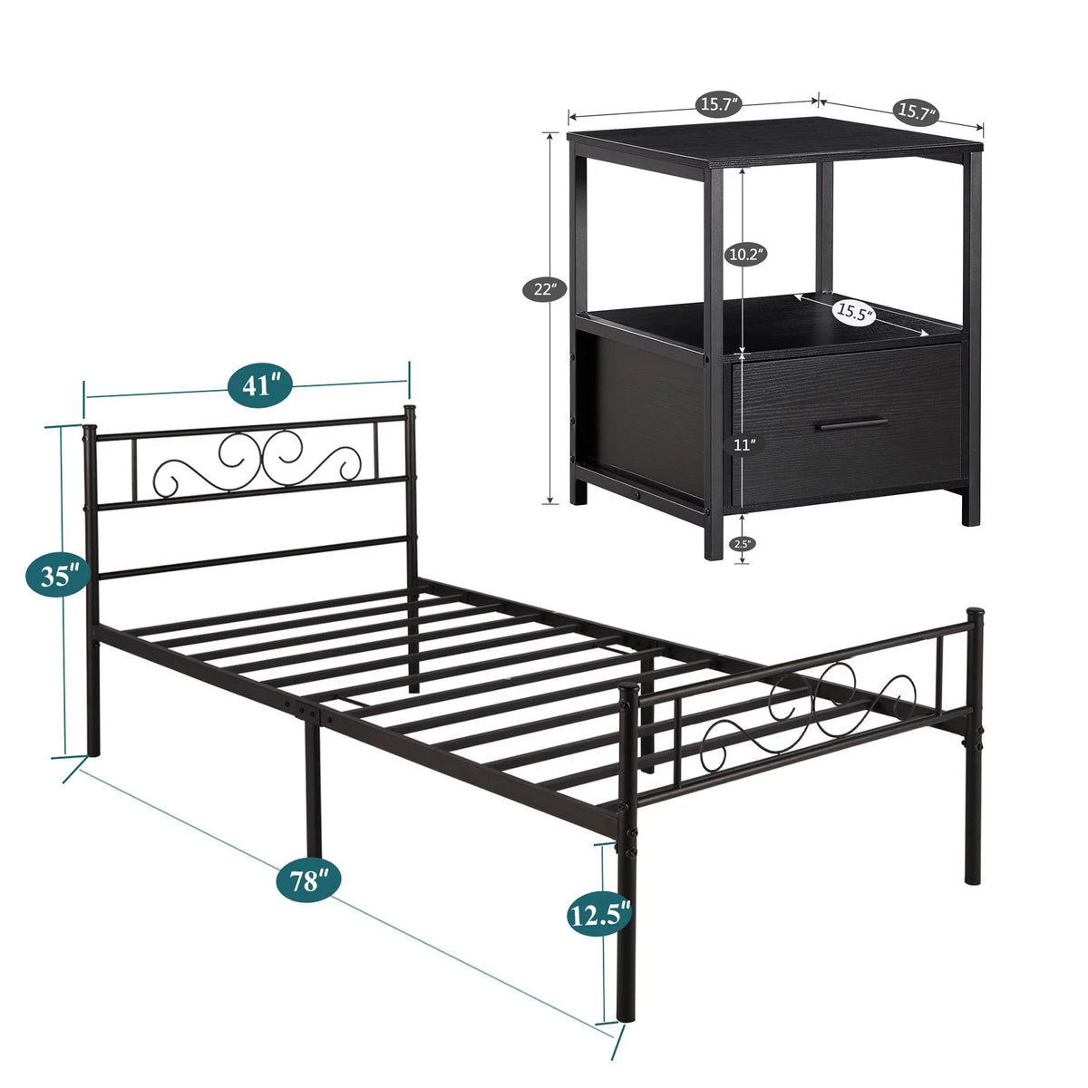 3-Piece Bedroom Set with Twin Bed Frame and 2 Black Nightstands S55713