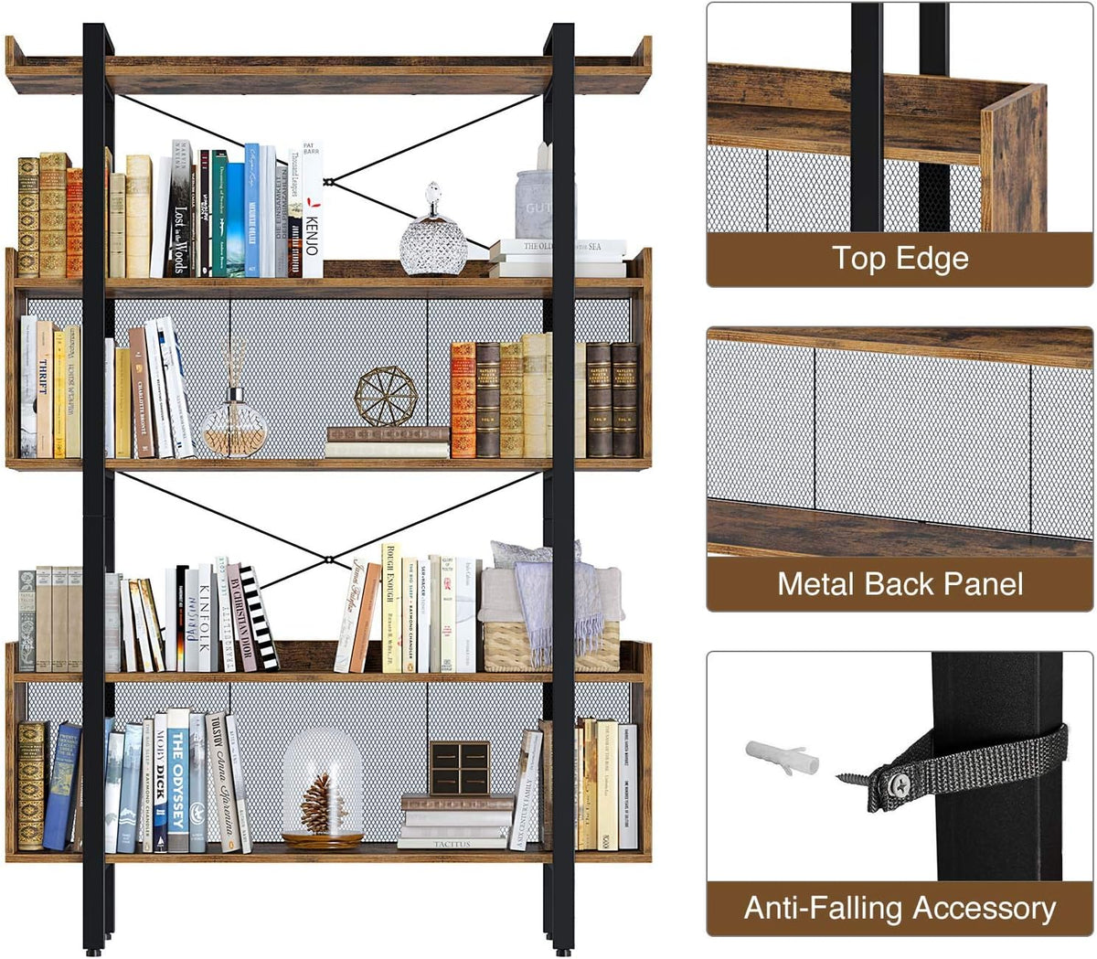 5-Tier Rustic Brown Bookshelf with Metal Frame Q397840