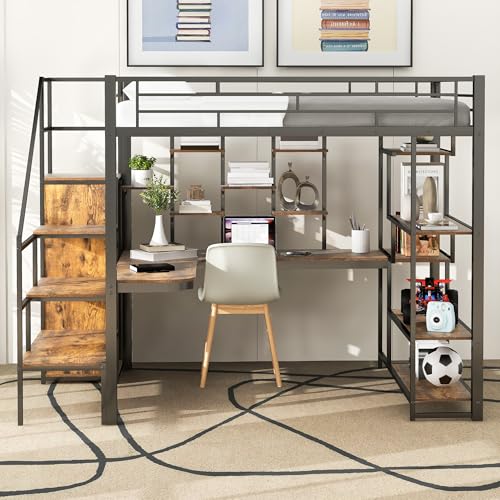 White Full Size Metal Loft Bed with Storage Staircase and Wardrobe L595393